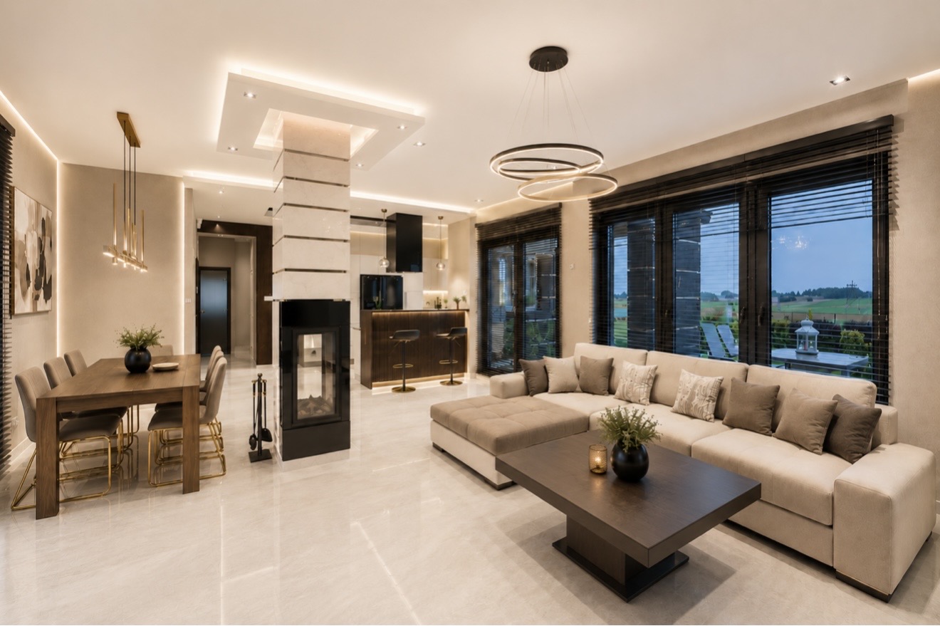 Elegancki salon z kominkiem — realizacja Property Atelier